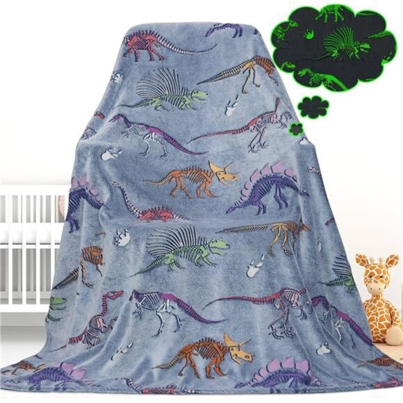 GlowinThe Dark Blanket Dinosaur Blanket for Boys Girls Kids Dino Throw Blankets - Picture 1 of 7